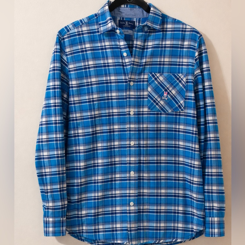 Psycho Bunny Blue and White Plaid Button Down Shirt
